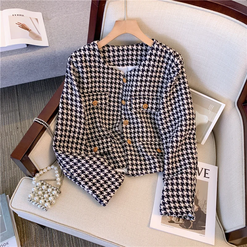 

Houndstooth French Vintage Tweed Jackets Coats New Autumn Winter Fashion High Street Small Fragrance Woolen Short Outwear Casaco