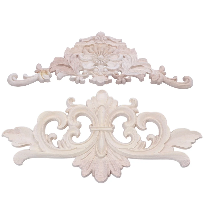 

1X Rubber Wood Carved Applique Retro Furniture Craft Decor 38X15x1.2Cm & 1X 22X10 Cm Wood Carved Corner Onlay Applique Decor Fur