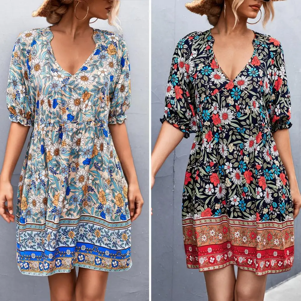 

Mini Dress V Neck Bohemian Short Sleeve Floral Print Women Short Dress for Date