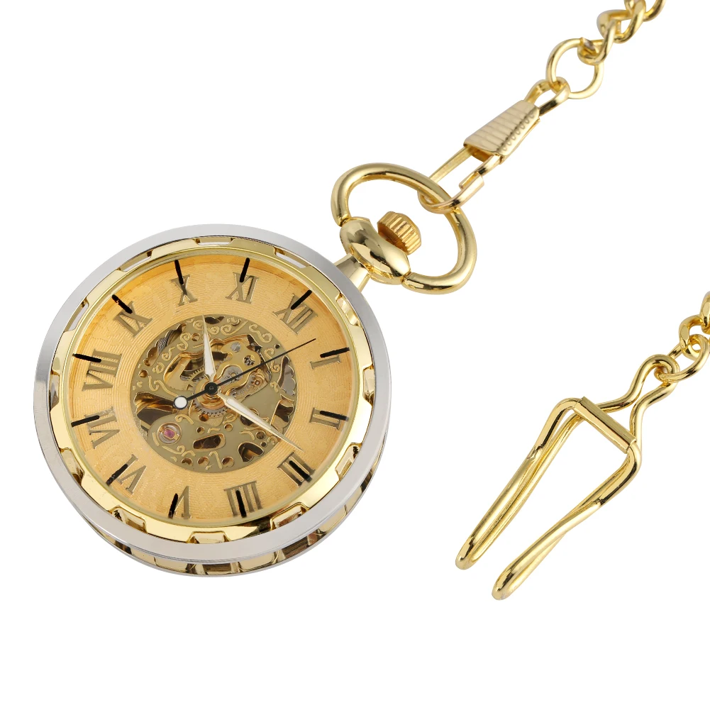 Open Face Silver Gold Skeleton Manual Mechanical Pocket Watch Roman Numerals Display Hand-Wind Pendant Pocket Clock Vintage Gift