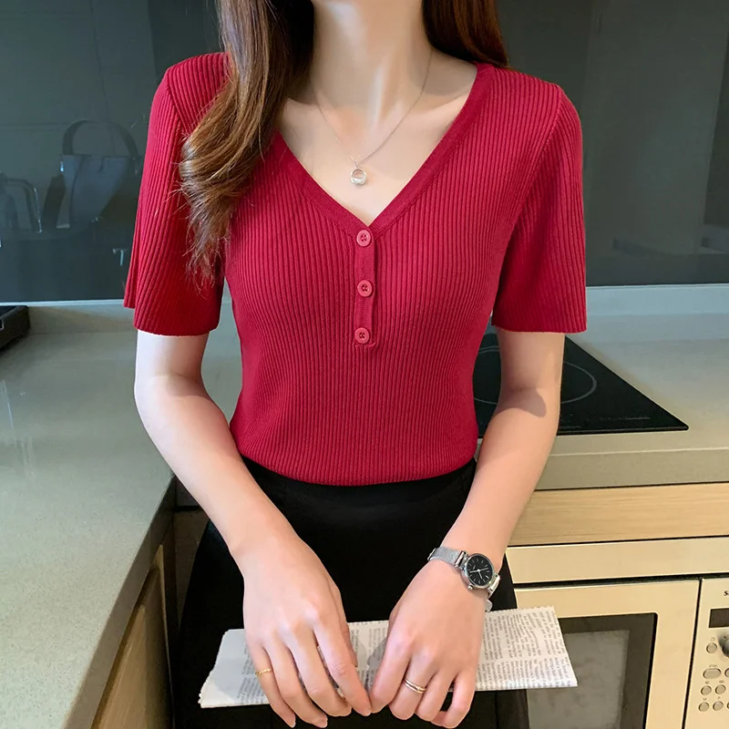 

#3735 Elastic Knitted T Shirt Women V-neck Buttons Sexy Short Sleeve T Shirt Femme Slim Korean Style Summer Woman T Shirt Thin