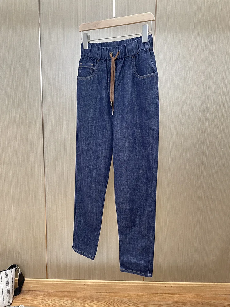 

Women's Jeans Waist Beaded Chain Drawstring Solid Zipper Fly Denim Trousers Casual Spring 2023