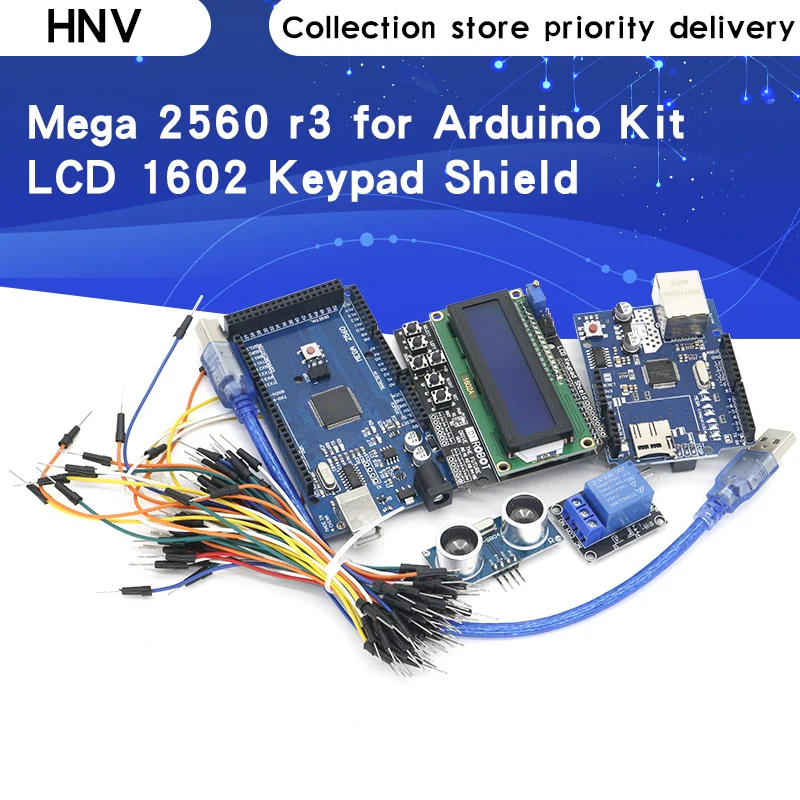 

Free Shipping Mega 2560 r3 for arduino kit + HC-SR04 +breadboard cable + relay module+ W5100 UNO shield + LCD 1602 Keypad shield