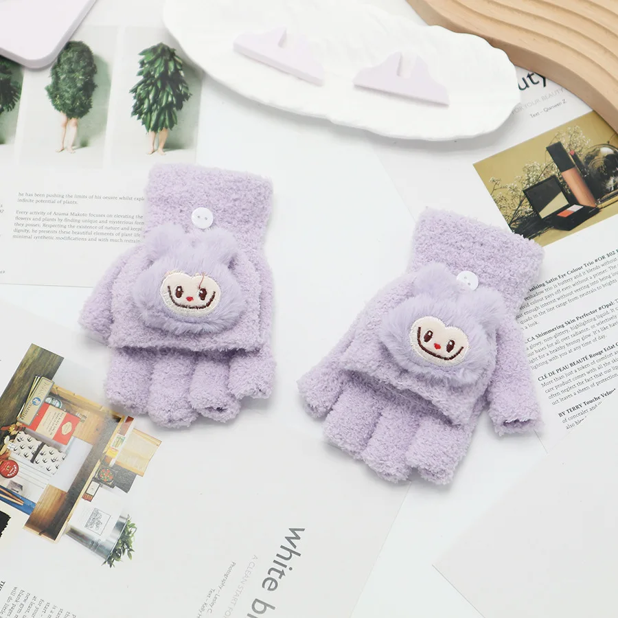 Новые мягкие перчатки Labubu зимние теплые утолщенные с пятью пальцами и