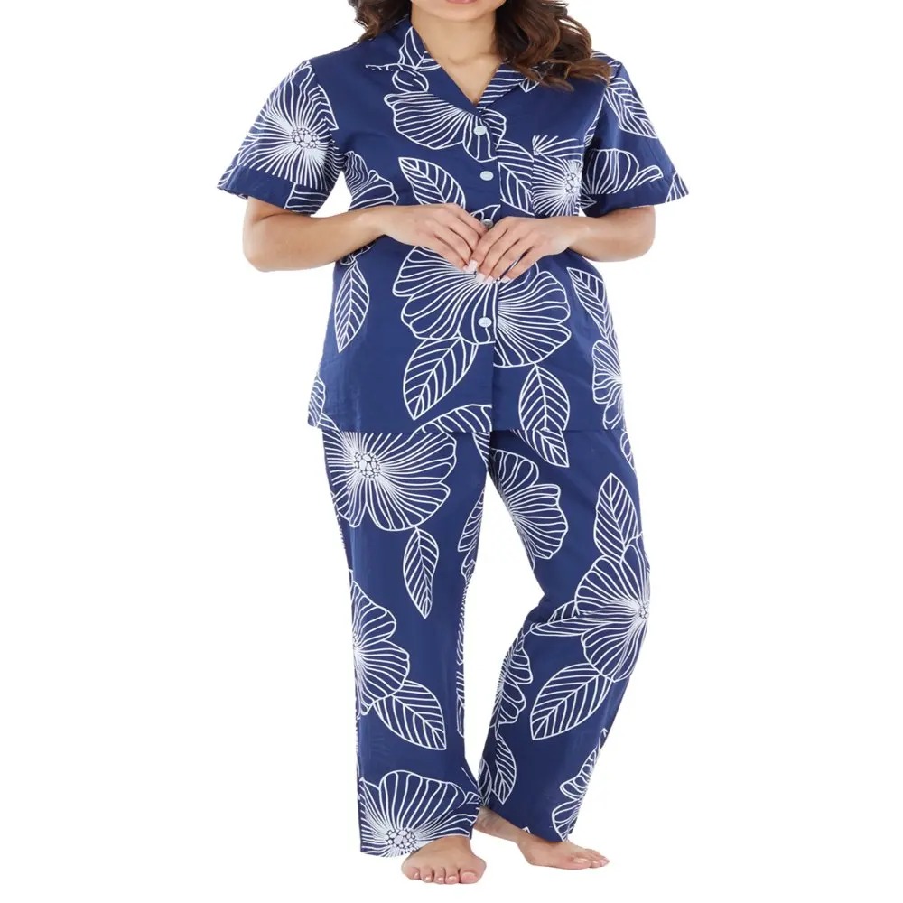 

Women`s Poplin Cotton Short Sleeve Button Up Top and Pants Pajama Set