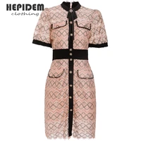 hepidem clothing summer hollow out short dress women 2022 pearl lace short sleeve lace mesh vintage jacquard slim dress 7044