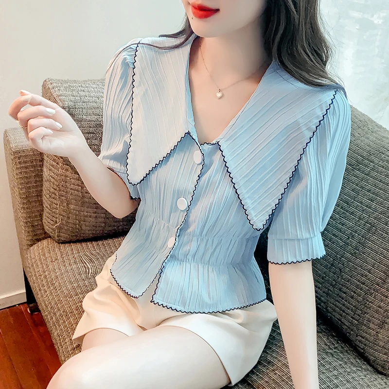 

Женские рубашки с кукольным воротником и пышными рукавами, женская летняя блузка, новинка 2022, тонкий облегающий кардиган, плиссированные Ко...