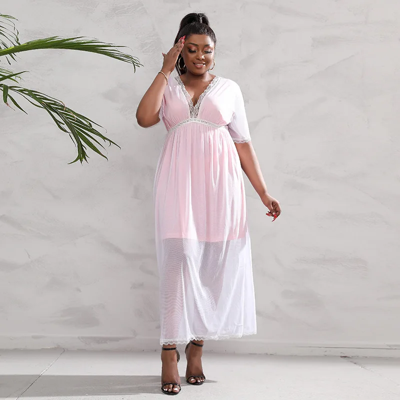 

Женское Платье, новое однотонное Сетчатое кружевное Платье с V-образным вырезом, летние элегантные платья