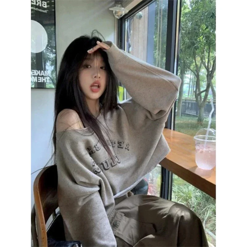 

Y2K Cropped Sweatshirts Women Streetwear Off Shoulder Hoodies Harajuku Korean Vintage Letter Print Loose Casual over