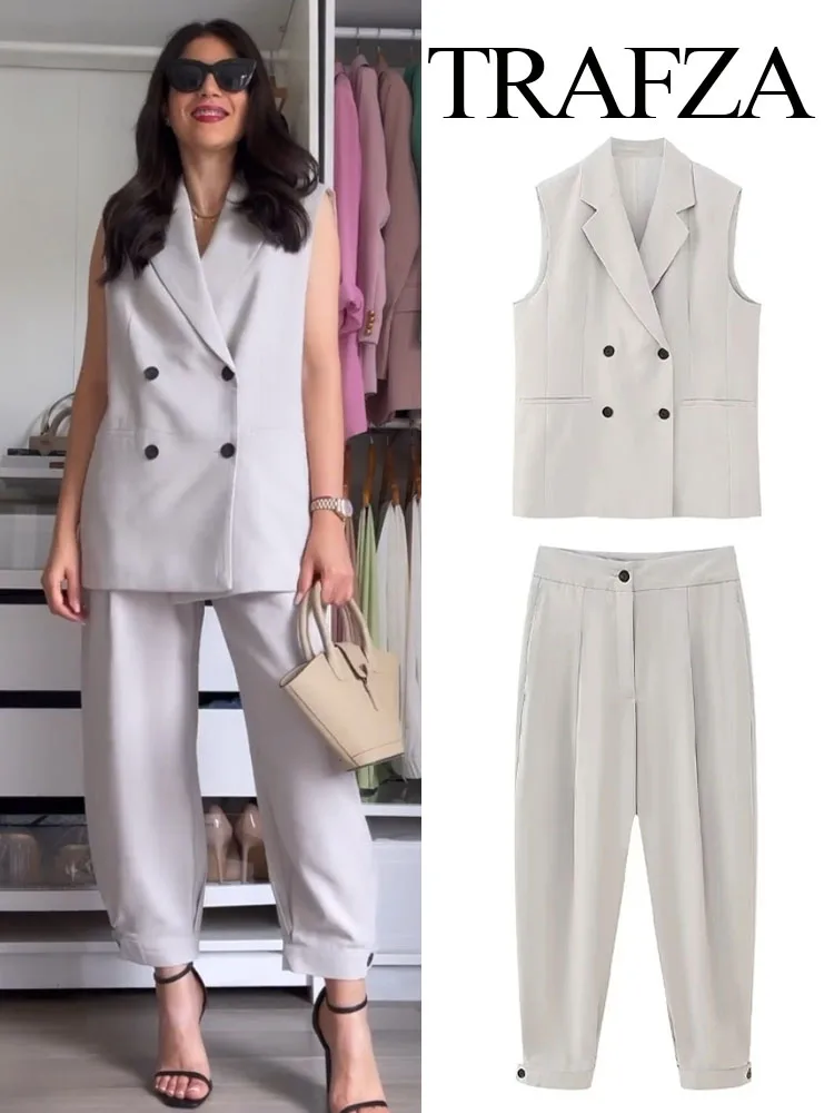

TRAFZA Suits Para Mujer 2023 Lapel Double Breasted American Retro Tanks Top + Zipper Fly With Wrinkle High Waist Women Trousers