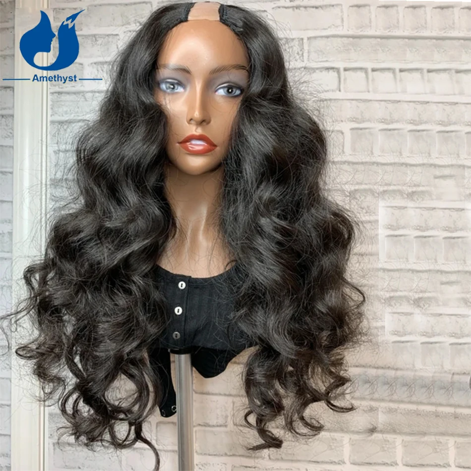 Body Wave Glueless Human Hair 1X3 U Part Wigs Brazilian Remy U Shaped Wigs for Women 180% Density Loose Wavy U-Part Amethyst