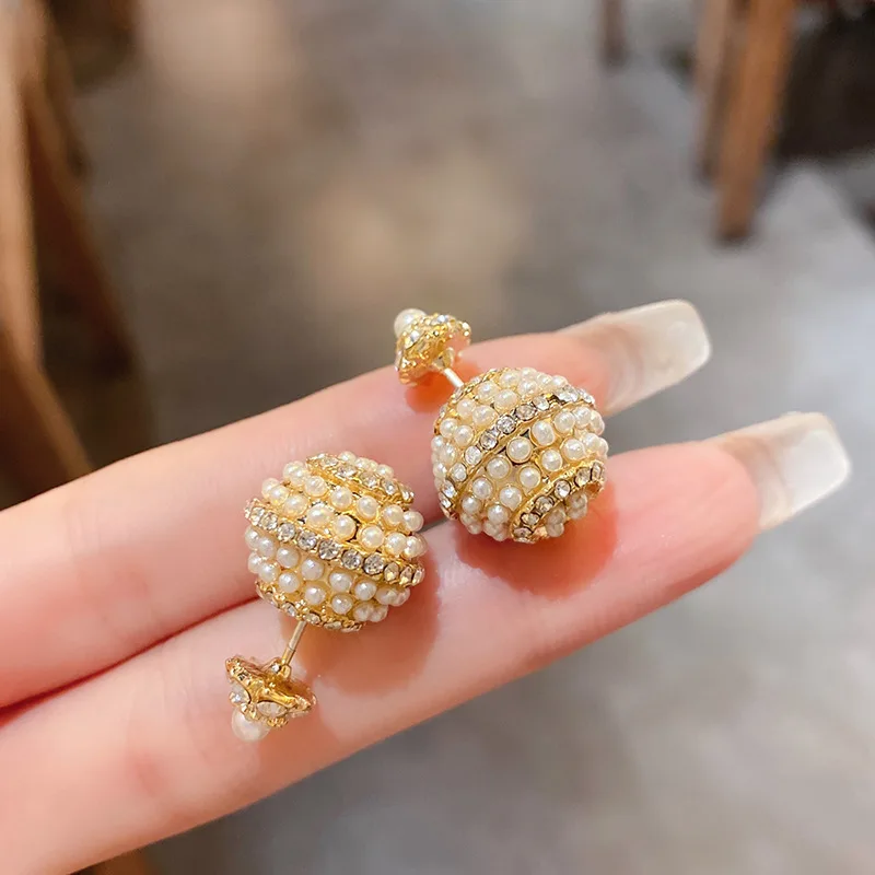 

Trendy Diamond Studded Ball Pearl Earrings Baroque Temperament Versatile Vintage Personality Fashion