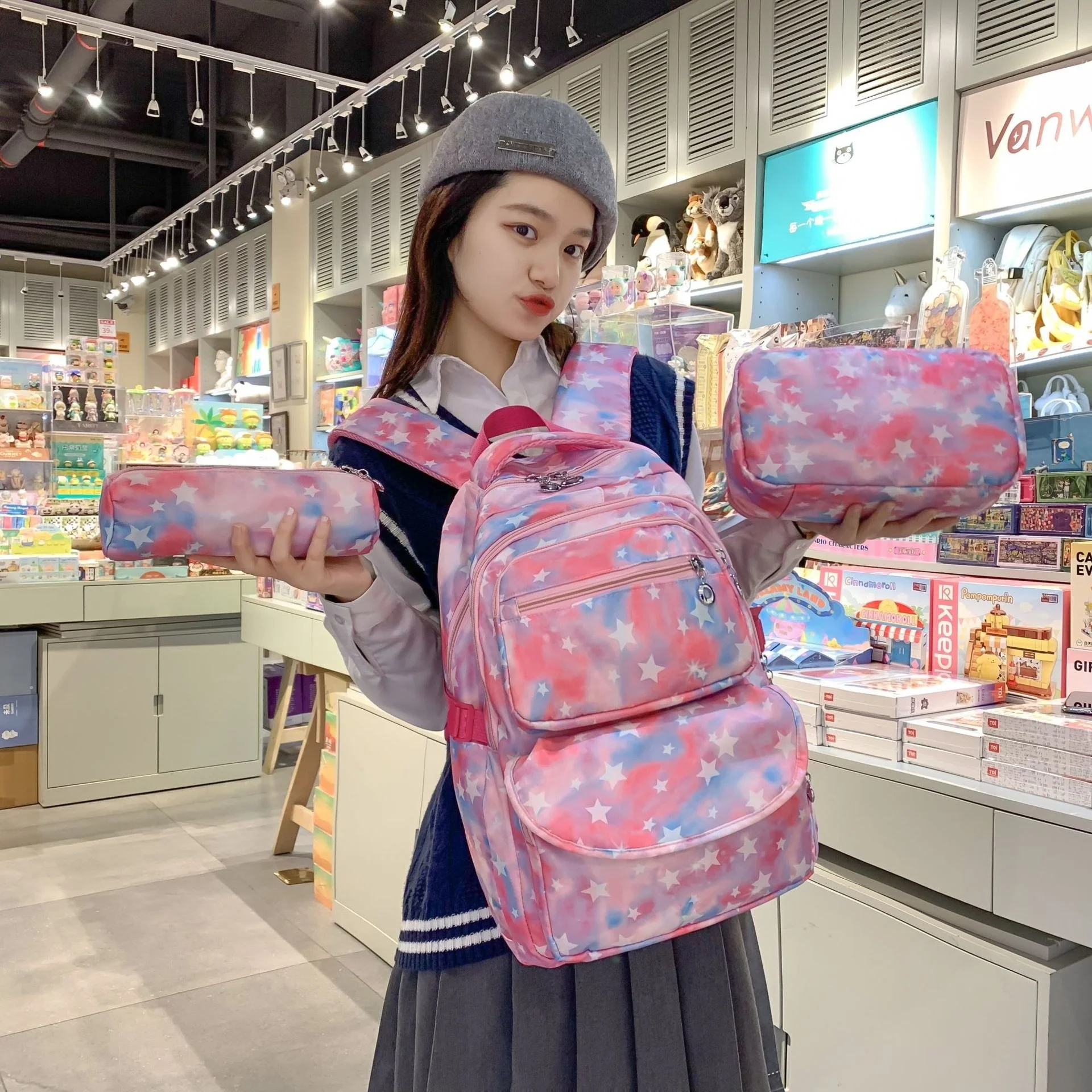 

New Leisure Junior School Student Schoolbag Large Capacity Backpack Travel Three Piece Set Fashionable New Lighten The Burden