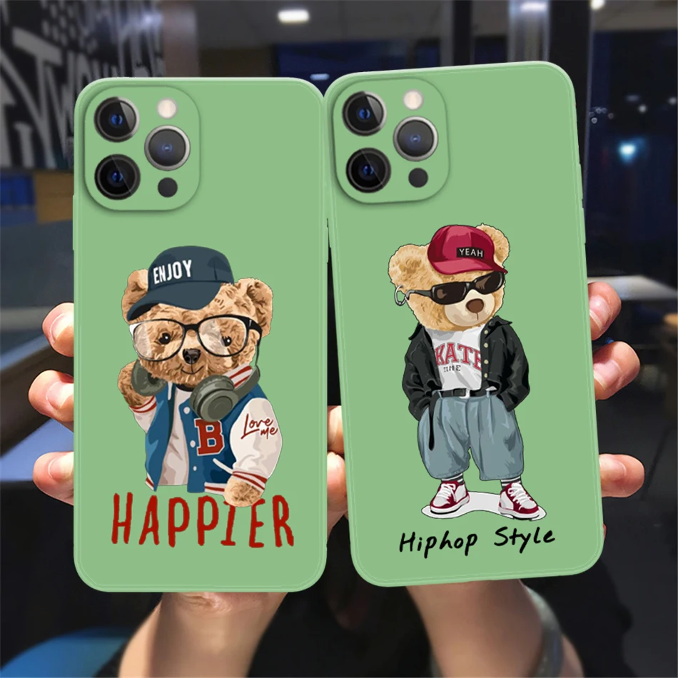 

Fashion Brand Bear Phone Case For iPhone 13 12 11 14 Pro Max XSMax XR X 8 7 14 Plus Green Liquid Silicone Soft Bumper Back Cover