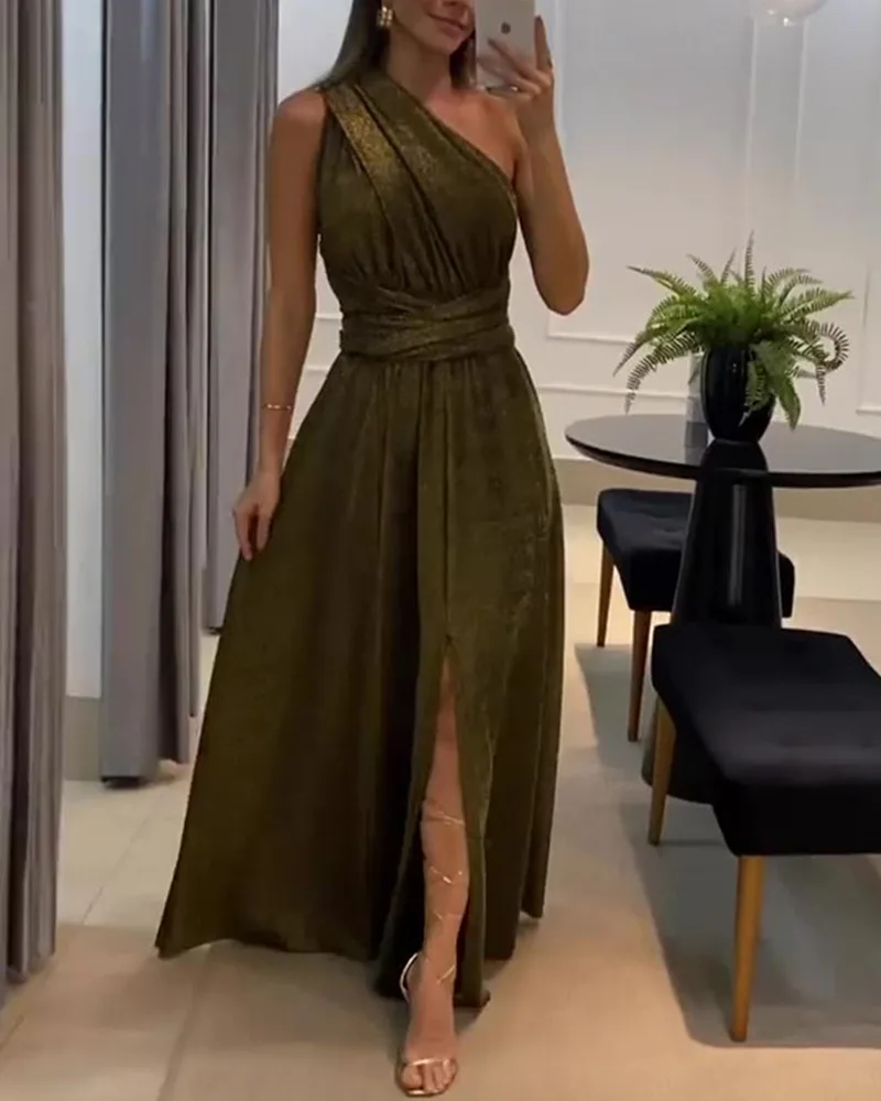 

Women Long Maxi A Line Dress Floor Length High Waist Sleeveless Sexy Brown Glitter Lace-up Slit Dress