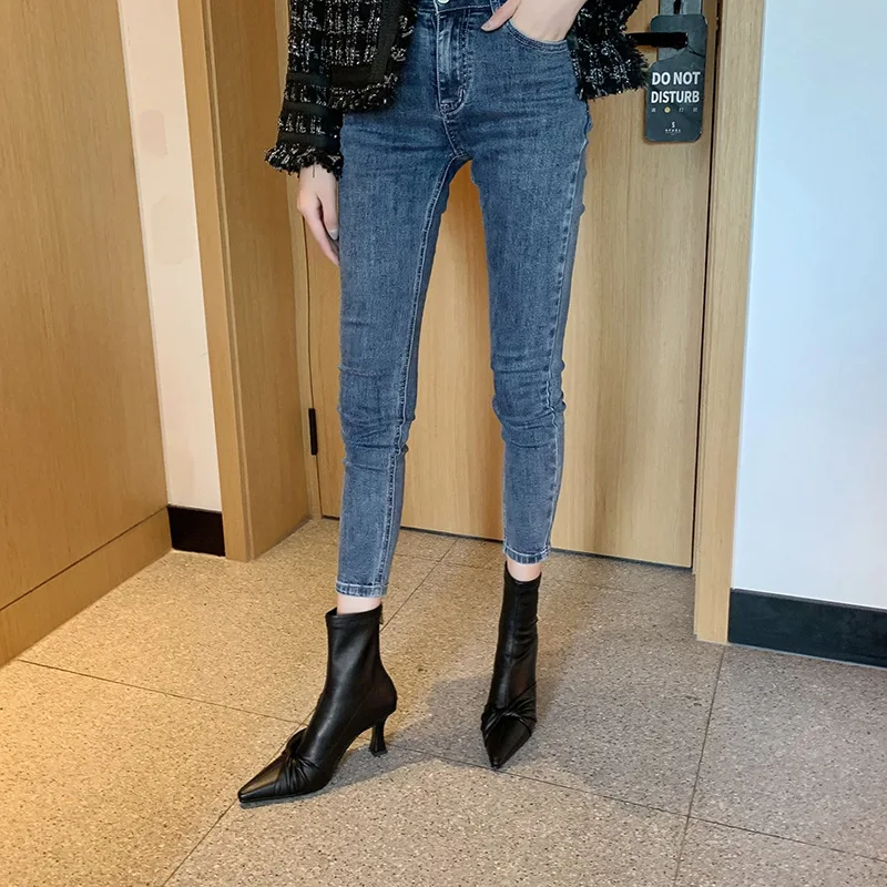 Women Boots Pointed Toe Back Zipper Butterfly Knot Kitten Heel Ladies Ankle Boots Mature Office Lady Solid Color Female Shoes