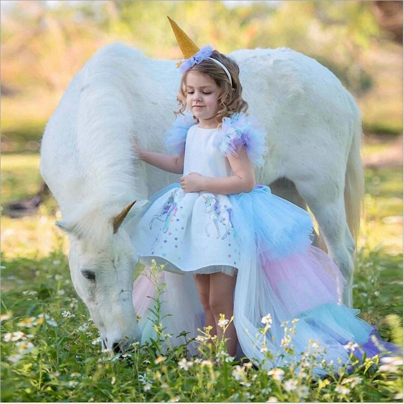 

Summer Dress Anime Snow White Cosplay Costumes Accessories Headdres Girls Unicorn Print Rainbow Cake Skirt Mesh Detachable Cloak