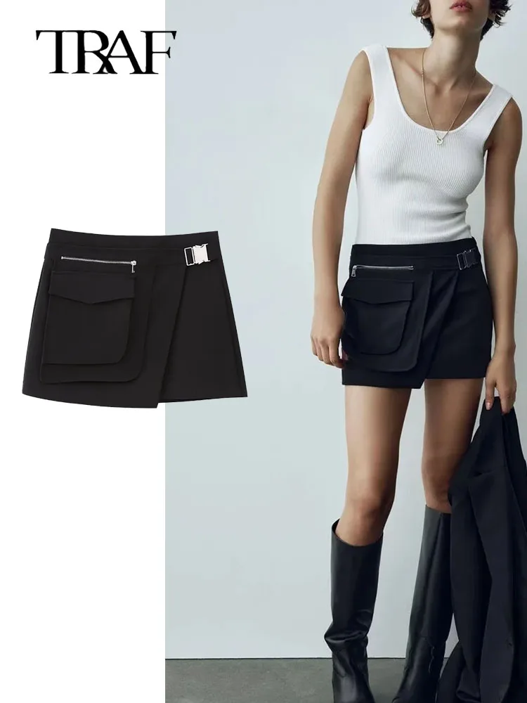 

TRAF Mini Skirts Women Retro 2023 Summer Office Ladies Elegant Button Decoration High Waist Pleated A-Line Skirt Short