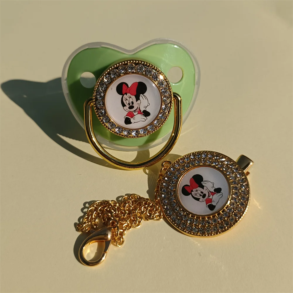 

Disney Minnie Mouse Print Bling Rhinestone Baby Pacifier with Chain Clip Luxury New Fashion BPA Free Soother Chupeta 0-24m Baby
