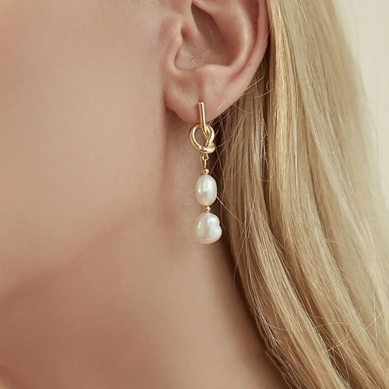 

VSnow Natural Freshwater Pearls Drop Earrings for Women Huggie Knotted Hanging Elegant Vintage Trendy Dangle Earrings Jewelry