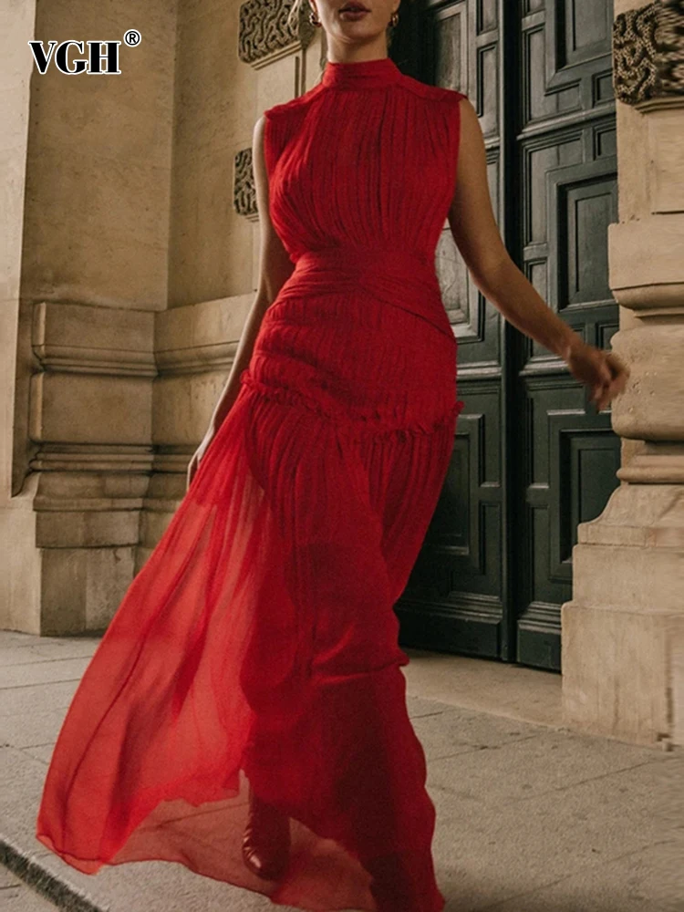 Женское шифоновое платье с рюшами VGH макси-платье без рукавов воротником-стойкой