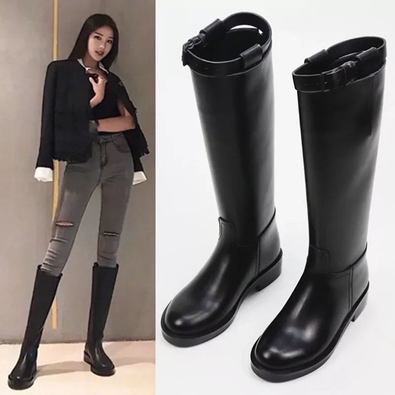 

2023NEW Long Tube Zipper Boots Fashion Belt Buckle Strap Long Boots Winter Lace-Up Shoes Women Pure Color High-Heeled Women