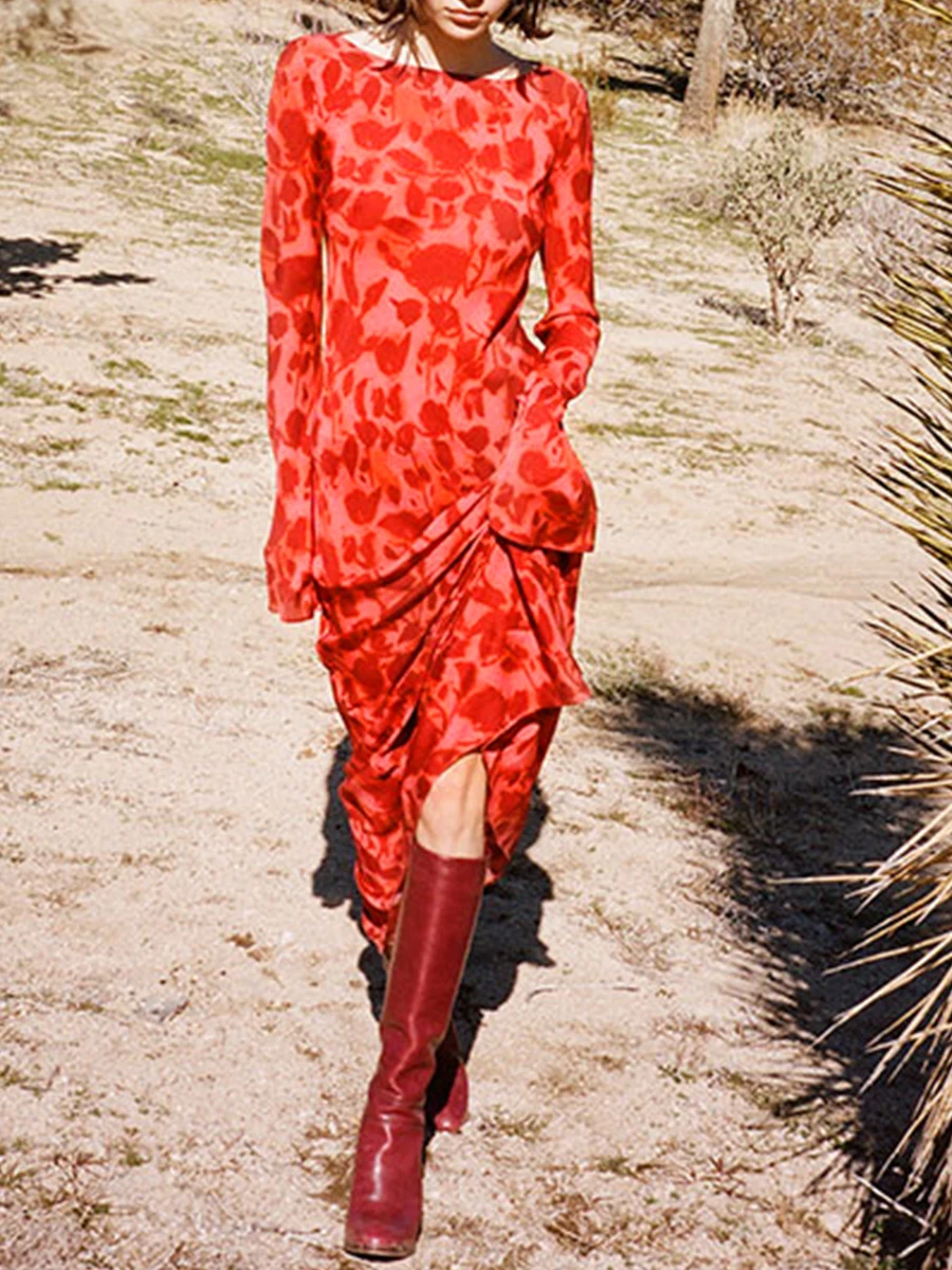 

Women Spring Autumn Maxi Dresses Zebra/Floral Print Long Flared Sleeve Round Neck Slim 2000s Aesthetic Long Dress Streetwear