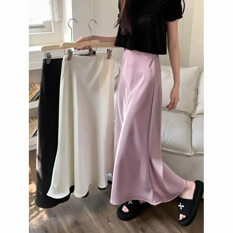 

Silky Satin Half Length Skirt for Women with A Drooping Feel, Mid Length Summer High Waisted and Slim, Versatile Fishtail Skirt