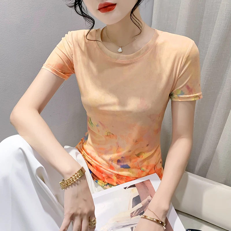 

2023 Summer Fashion Mesh Print Short Sleeve Crewneck T-shirt Slim Women's Tee Shirt Top for Women Blouses Free Shipping korea