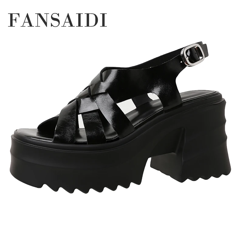 

FANSAIDI Summer Women Buckle Narrow Band Block Heels Waterproof Genuine Leather Sandals Fashion Chunky Heels Consice Big Size 40