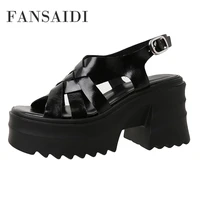 fansaidi summer women buckle narrow band block heels waterproof genuine leather sandals fashion chunky heels consice big size 40