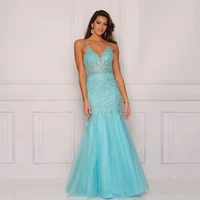 sexy sky blue long evening dresses deep v neck lace with diamond mermaid backless banquet formal prom gowns robes de soir%c3%a9e