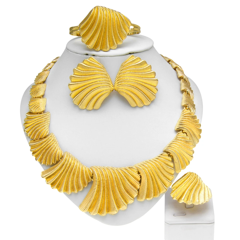 

Dubai Gold Plated Jewelry Set Ladies Necklace Shell Shape Bracelet Italian Design Simple Style Wedding Gift Trend H00178