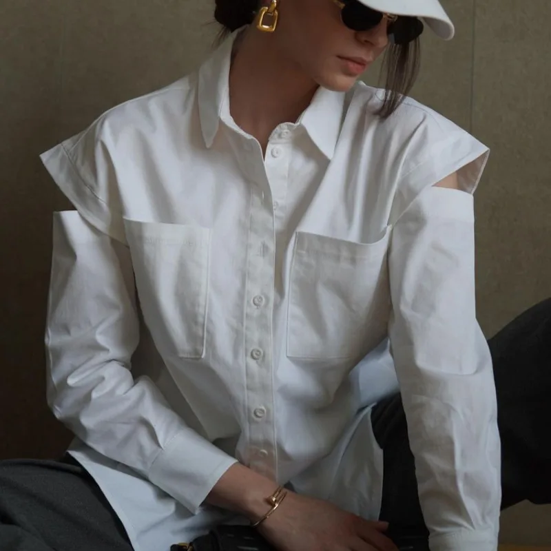 

Женская ажурная блузка с длинным рукавом, белая офисная Свободная рубашка в уличном стиле, повседневный элегантный топ, осень 28172
