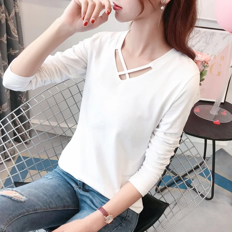 

3398Official Figure Pure Cotton Long SleeveTT-shirt Women's Clothing2022New Undershirt Spring and Autumn CrossvCollar Top Outer