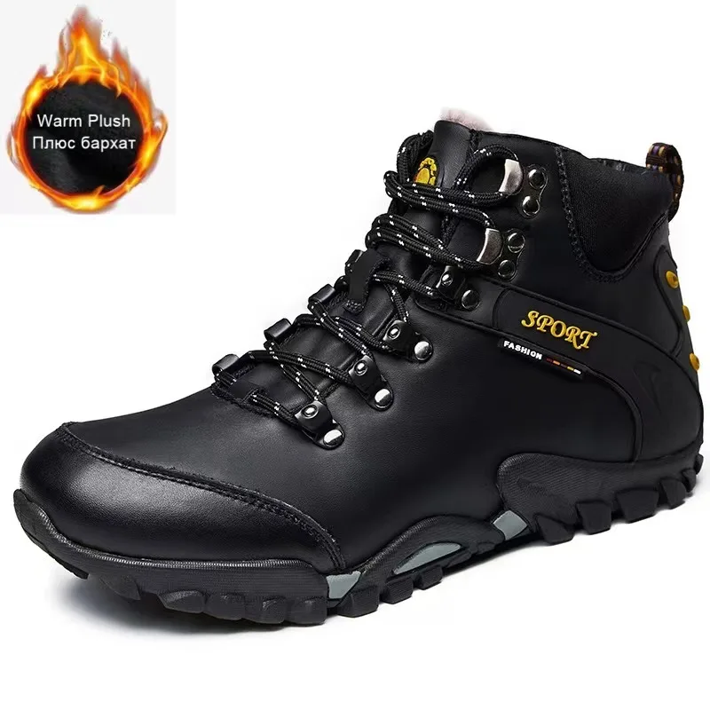 HIKEUP Men Tactical Military Snow Boots Genuine Leather Winter Boots For Men Outdoor Shoe Padded Warmth High-Top Men Hiking Boot