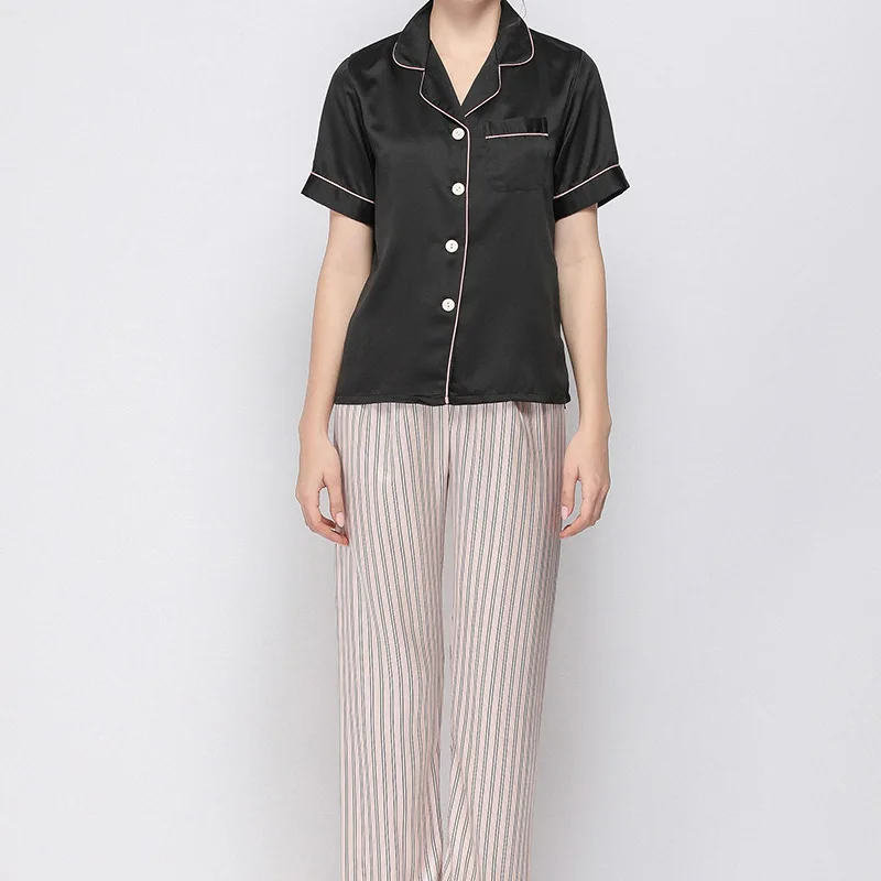 Women's 2 Piece Set Silk Satin Home Clothes Pajamas V Neck Print Sleepwear Short Sleeve Nightwear Suit Female  Pijama