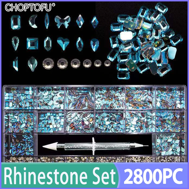 

2800PC/Box 21 Grids Nail Art FlatBack Crystal Rhinestones Set Mixed Size Sparkling Nail Rhinestones With 1 Pen For Decorations