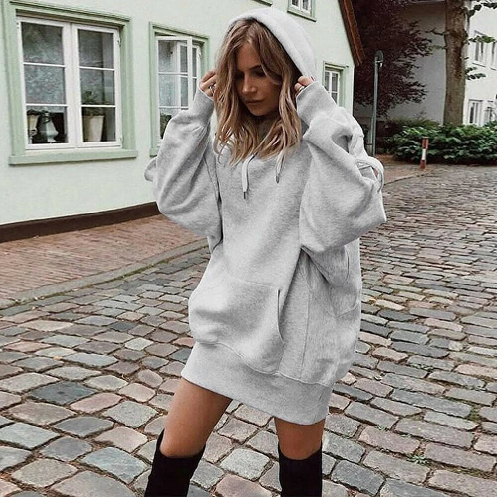 

Polyester Loose Casual Thickened Women Hoodies Autumn Winter Solid Color Fashion Warm Tops With Pocket Long Sleeve Daily