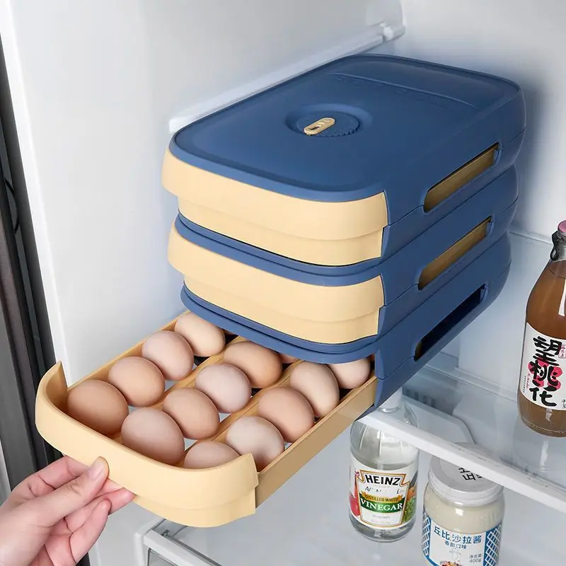 

Refrigerator Fresh Egg Carton Stackable Egg Organiser Drawer Style Kitchen Storage Box with Lid Rolling Egg Tins