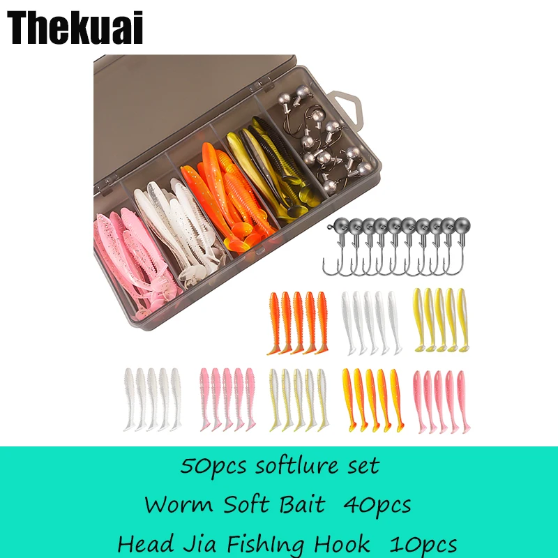 

Thekuai 50pcs/Box Fishing Tackles Accessories Kit Set with Hooks Worm Bait Softlure Bass Pike Aritificial Silicone Swimbait