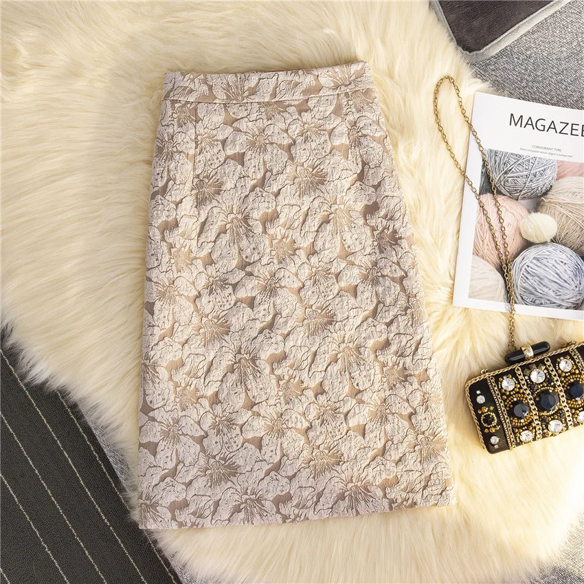 

2022 Fashion Chic Women Print Skirts Lady High Waist Hip Package Skirt Elegant Female Lace jacquard Skirt Bottomings Retro 1797
