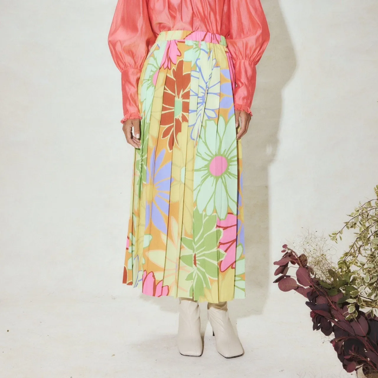 

Women's Rainbow Colorful Flower Printed Pleated High Waist Long Skirt