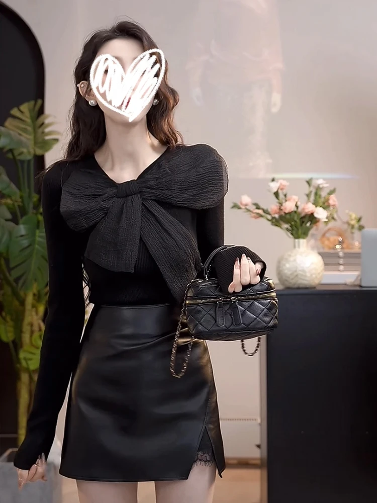 Sexy Pure Desire Bow round Neck Long sleeve Knitted Top Women Autumn New Slim fit Slimming High-Grade Bottoming Shirt