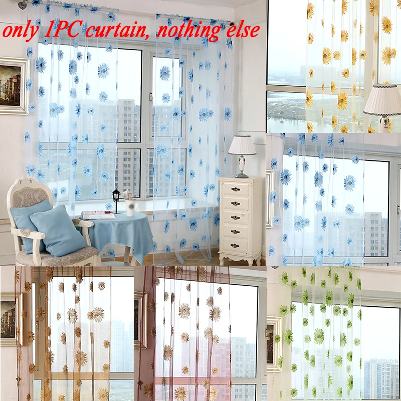 

Light Transmission Valance Door Room Divider Drape Decoration Breathable Tulle Sheer Fresh Sunflower Beauty Translucidus Curtain