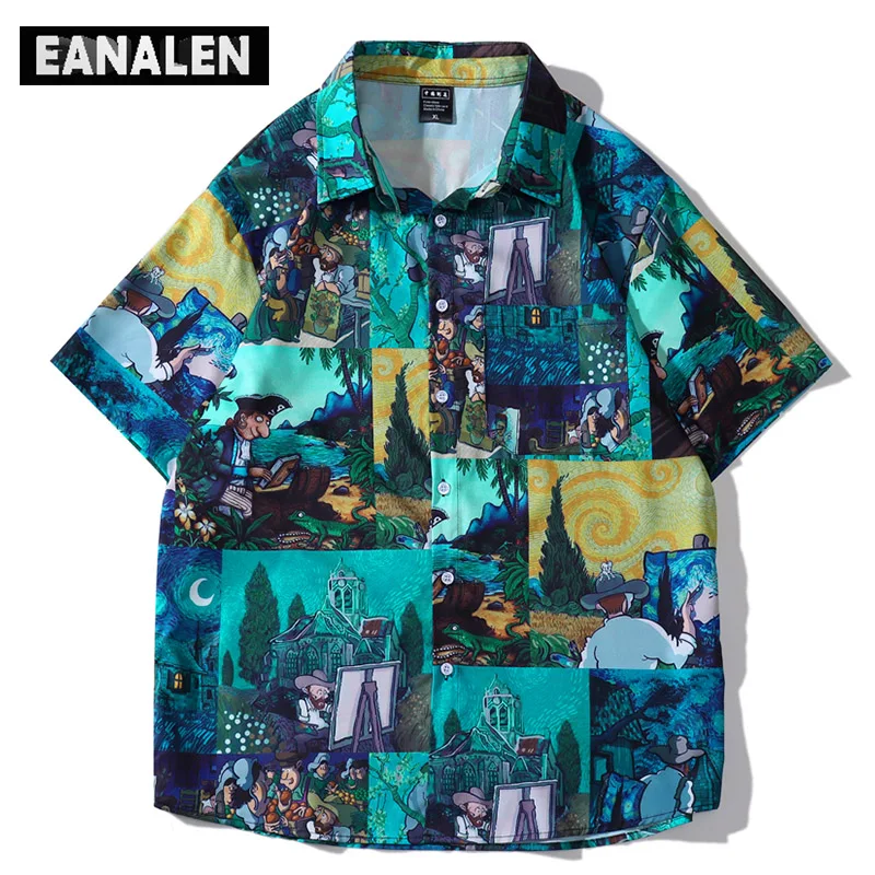 

Aesthetic Art Print Shirt Men's Hawaiian Y2K Punk Harajuku Retro Fashion Oversized Hand Painted Oil Painting Beach Short Sleeve