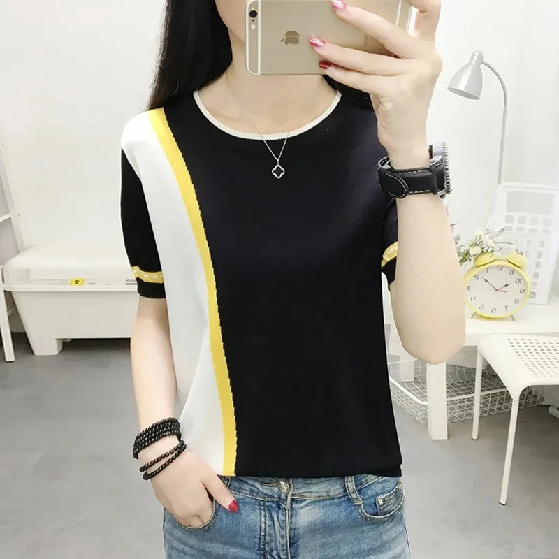 

Женская трикотажная футболка, черная Базовая свободная тонкая футболка составного кроя с круглым вырезом и коротким рукавом, лето 2022