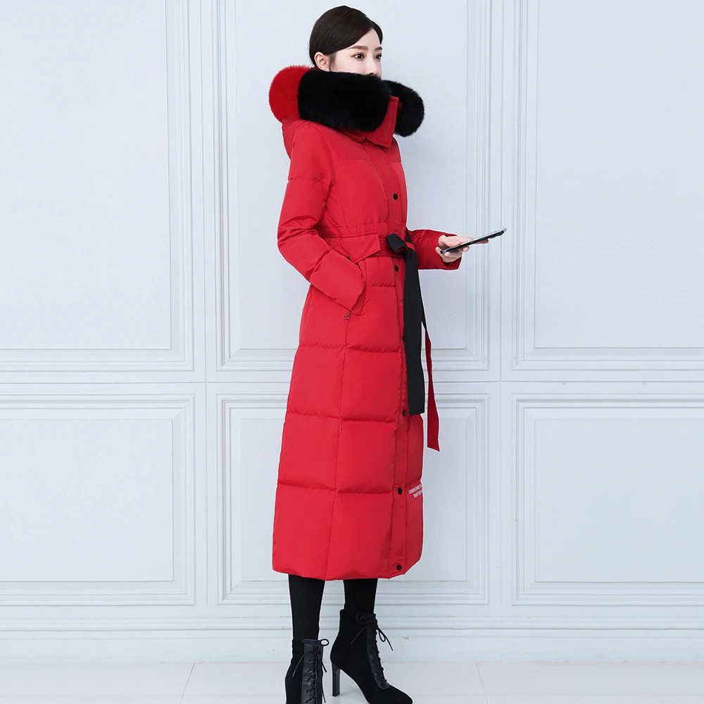New Women Winter Long Thicken Warm Down Coat Casual Fashion Two-Colour Detachable Real Fox Fur Collar Belt Slim Down Jacket