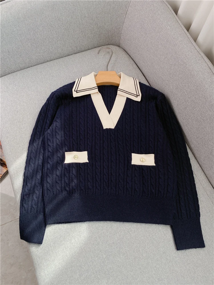 

V-neck Knit Pullover 22 Autumn New Color Blocking Loose Long Sleeve Pocket Sweater Women's High Quality Free Shipping