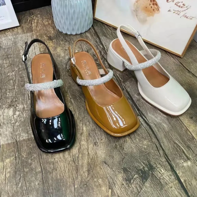 

New Mary Janes Square Toe Women Pumps Buckle Strap Women Shoes Rhinestones Genuine Leather Hot Sexy Pumps Fashion Shoes Woman